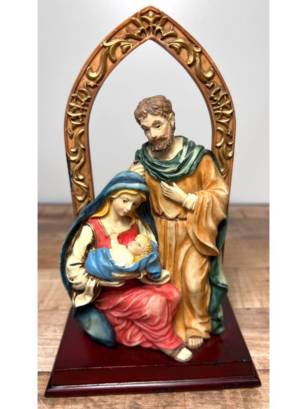 Christmas Holy Family Religious Statue Ornate Arch Frame Collectible Decor